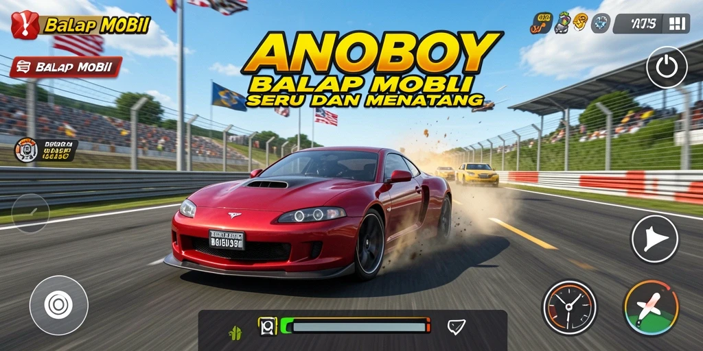 Screenshot ANOBOY menampilkan aksi balapan seru dan mobil cepat.