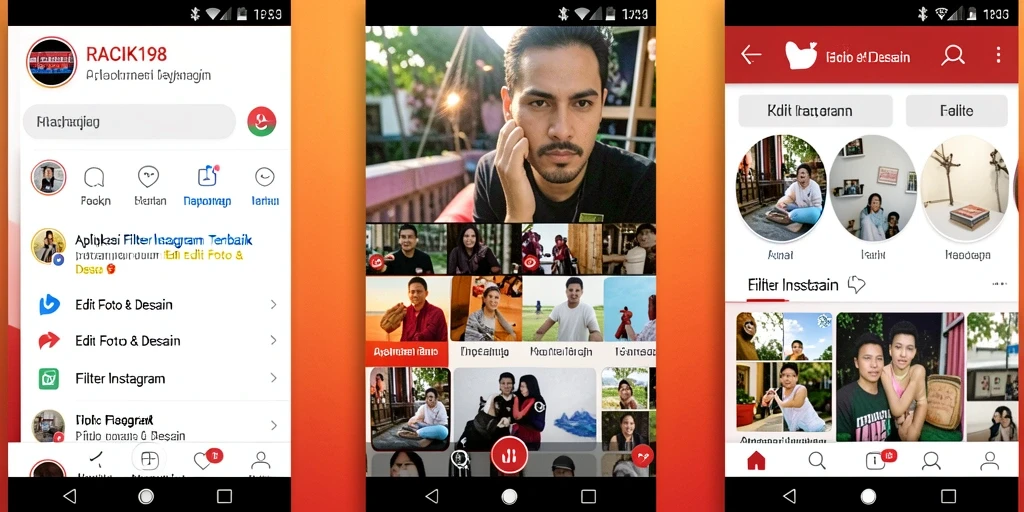 Tampilan antarmuka aplikasi RACIK198 dengan berbagai filter Instagram yang menarik.
